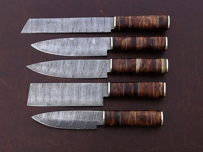 HS-167 Custom Handmade Damascus Five Pecs Kitchen/Chef Knives Set-  Rose Wood Handle - Best Price