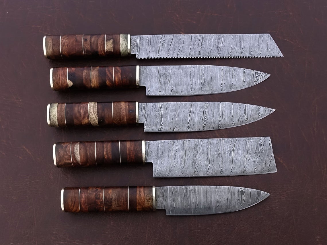 HS-167 Custom Handmade Damascus Five Pecs Kitchen/Chef Knives Set-  Rose Wood Handle - Best Price