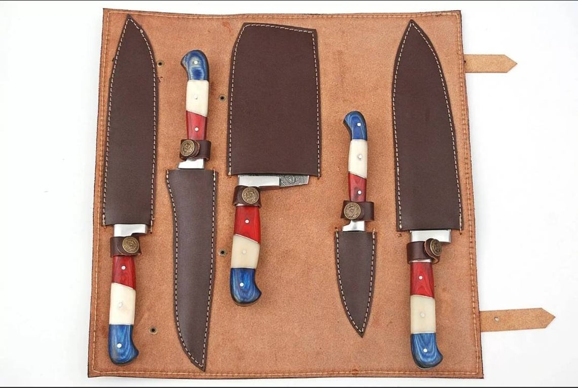 HS-174 Custom Handmade Damascus Five Pecs Kitchen/Chef Knives - Hard Wood Handle
