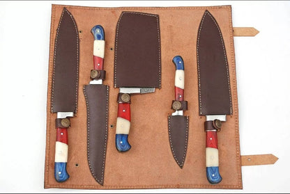 HS-174 Custom Handmade Damascus Five Pecs Kitchen/Chef Knives - Hard Wood Handle