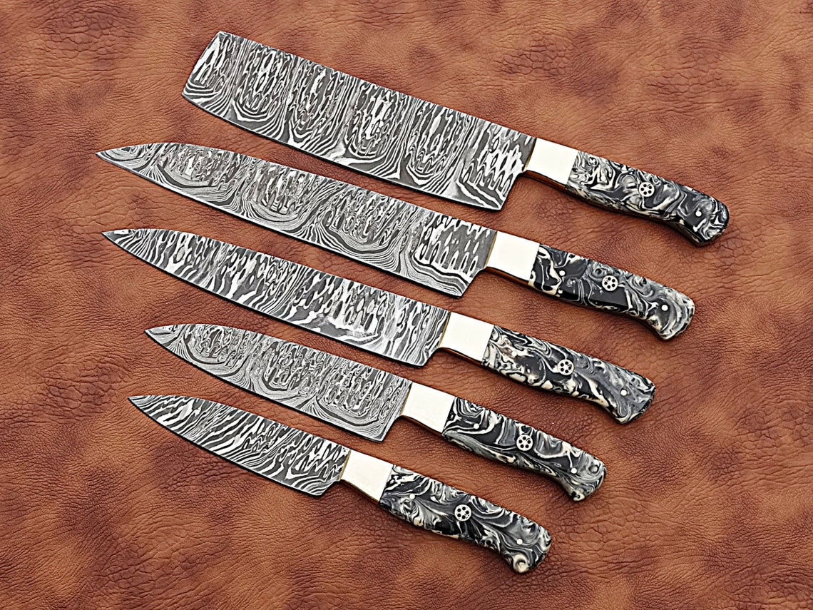 HS-173 Custom Handmade Damascus Five Pecs Kitchen/Chef Knives Set- Resin Handle