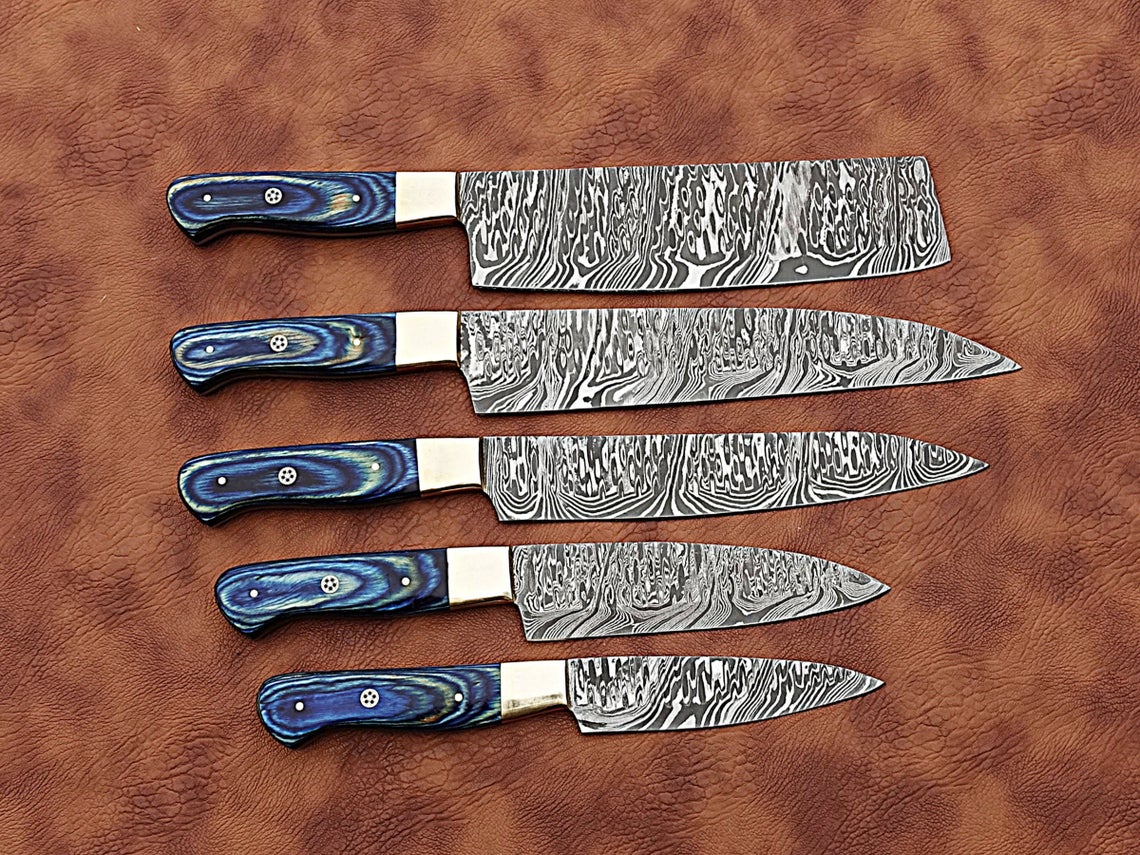 HS-171 Custom Handmade Damascus Five Pecs Kitchen/Chef Knives Set- Hard Wood Handle