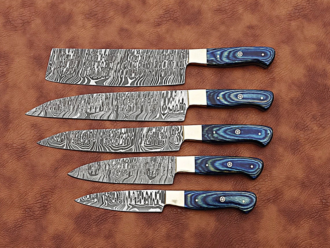 HS-171 Custom Handmade Damascus Five Pecs Kitchen/Chef Knives Set- Hard Wood Handle