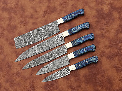 HS-171 Custom Handmade Damascus Five Pecs Kitchen/Chef Knives Set- Hard Wood Handle