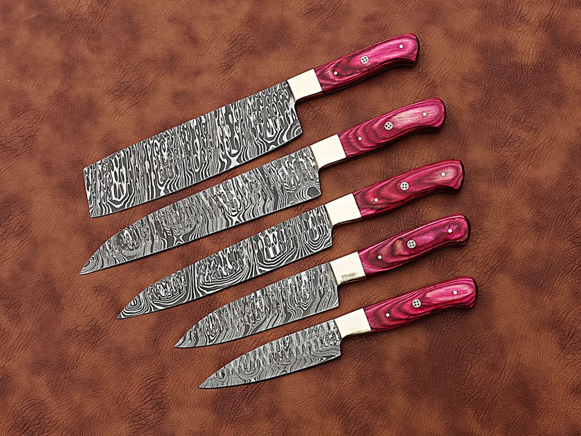 HS-172 Custom Handmade Damascus Five Pecs Kitchen/Chef Knives Set- Hard Wood Handle
