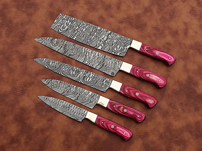 HS-172 Custom Handmade Damascus Five Pecs Kitchen/Chef Knives Set- Hard Wood Handle