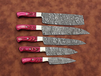 HS-172 Custom Handmade Damascus Five Pecs Kitchen/Chef Knives Set- Hard Wood Handle