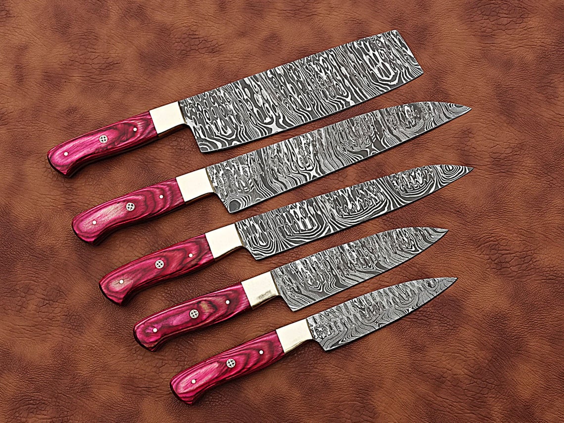 HS-172 Custom Handmade Damascus Five Pecs Kitchen/Chef Knives Set- Hard Wood Handle