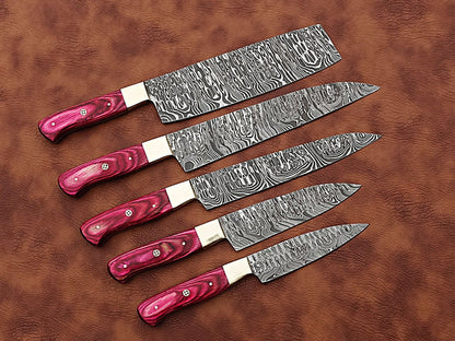 HS-172 Custom Handmade Damascus Five Pecs Kitchen/Chef Knives Set- Hard Wood Handle