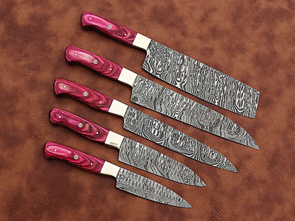 HS-172 Custom Handmade Damascus Five Pecs Kitchen/Chef Knives Set- Hard Wood Handle