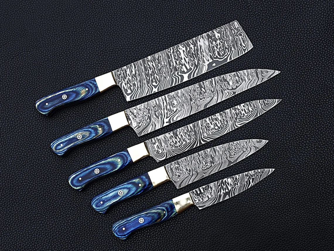 HS-107 '' Handmade Damascus chefs knife set of 5 pcs Blue Micarta sheet handle kitchen knife Set