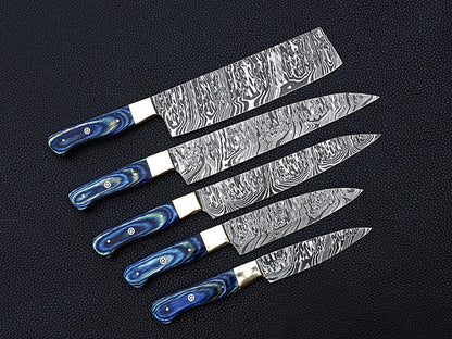 HS-107 '' Handmade Damascus chefs knife set of 5 pcs Blue Micarta sheet handle kitchen knife Set