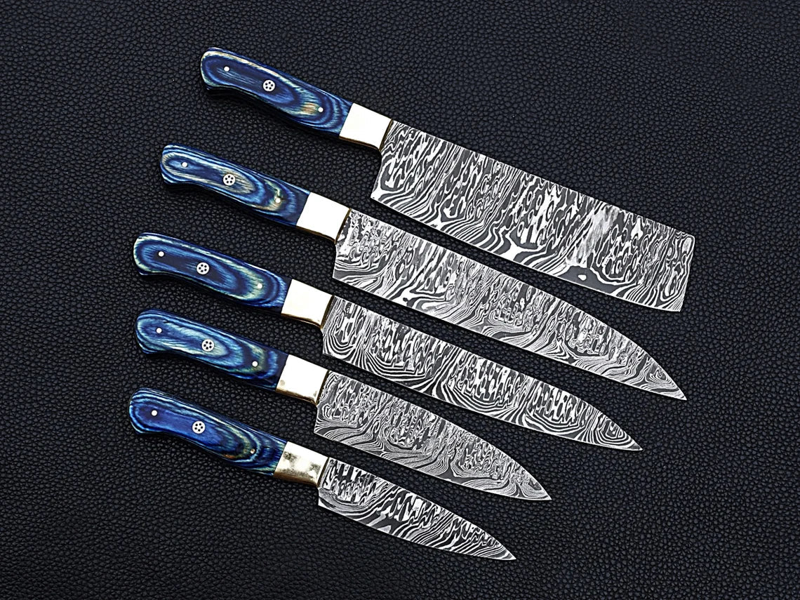 HS-107 '' Handmade Damascus chefs knife set of 5 pcs Blue Micarta sheet handle kitchen knife Set
