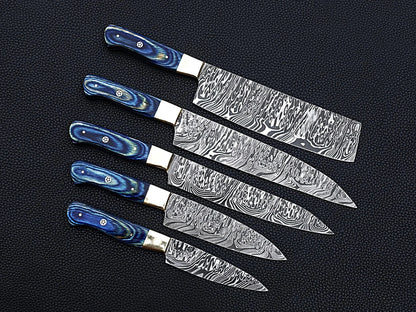 HS-107 '' Handmade Damascus chefs knife set of 5 pcs Blue Micarta sheet handle kitchen knife Set