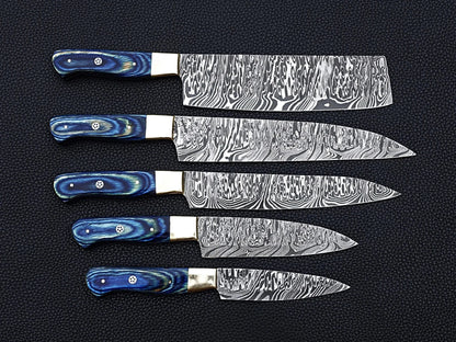 HS-107 '' Handmade Damascus chefs knife set of 5 pcs Blue Micarta sheet handle kitchen knife Set