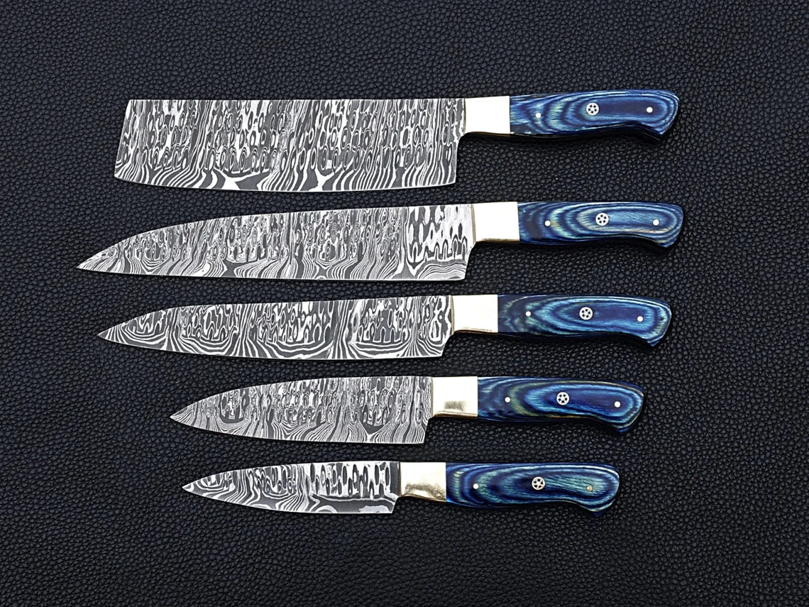 HS-107 '' Handmade Damascus chefs knife set of 5 pcs Blue Micarta sheet handle kitchen knife Set