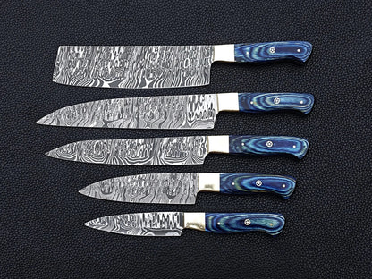 HS-107 '' Handmade Damascus chefs knife set of 5 pcs Blue Micarta sheet handle kitchen knife Set