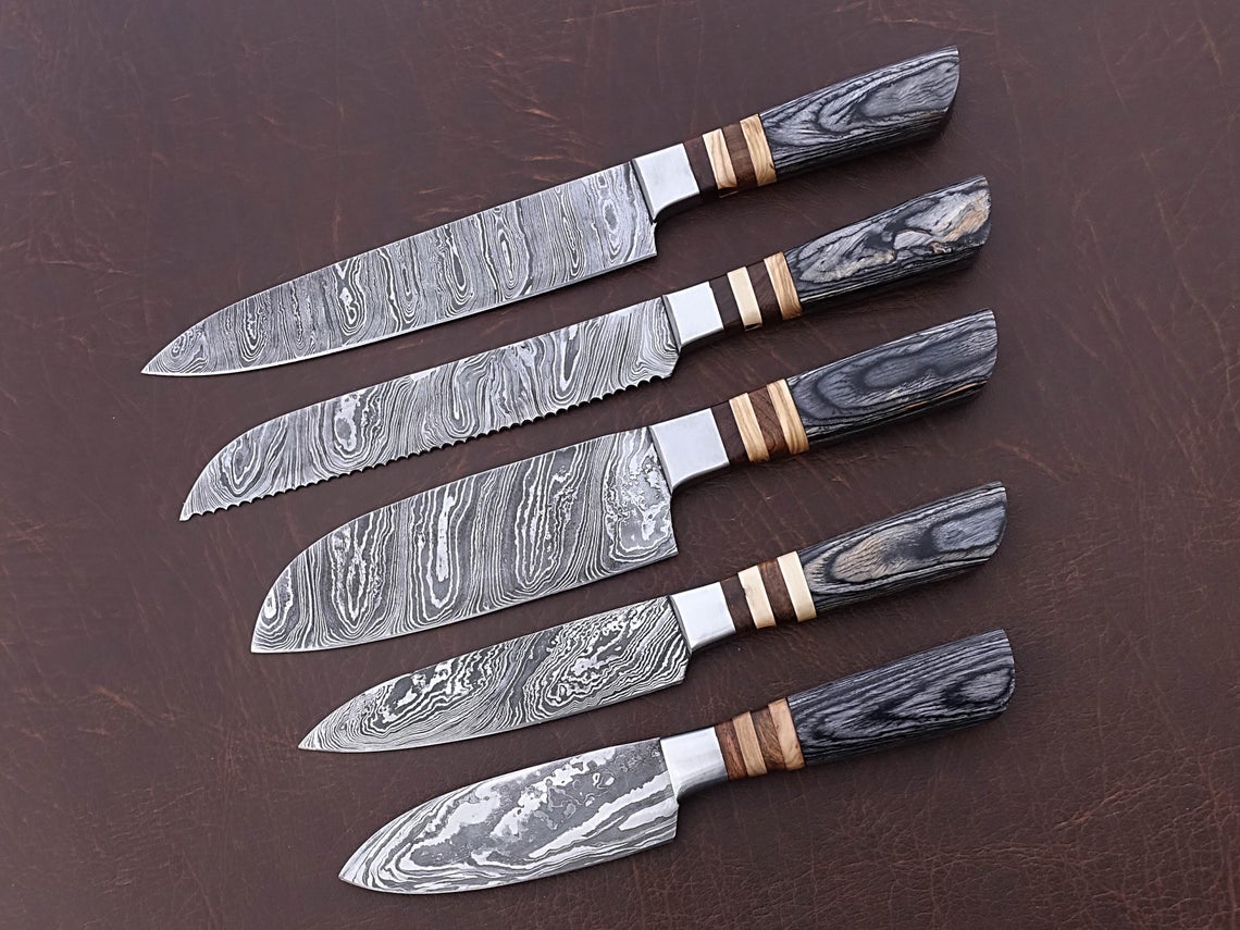 HS-168 Custom Handmade Damascus Five Pecs Kitchen/Chef Knives Set-  Hard Wood Handle - Best Price