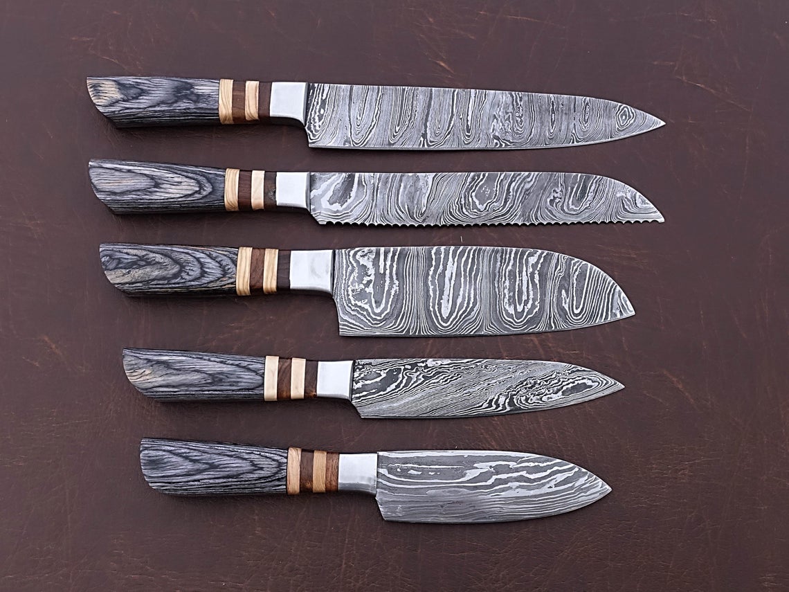 HS-168 Custom Handmade Damascus Five Pecs Kitchen/Chef Knives Set-  Hard Wood Handle - Best Price
