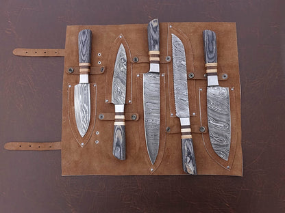 HS-168 Custom Handmade Damascus Five Pecs Kitchen/Chef Knives Set-  Hard Wood Handle - Best Price