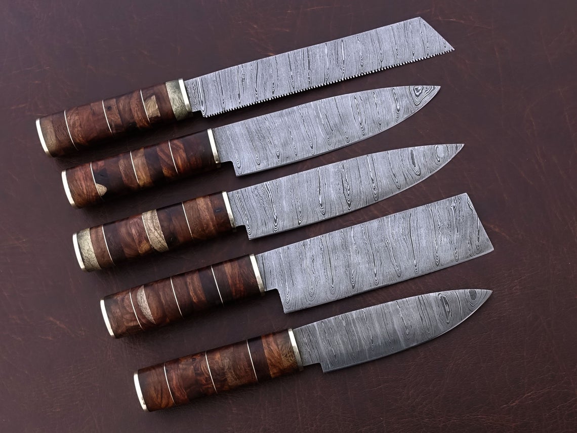 HS-167 Custom Handmade Damascus Five Pecs Kitchen/Chef Knives Set-  Rose Wood Handle - Best Price