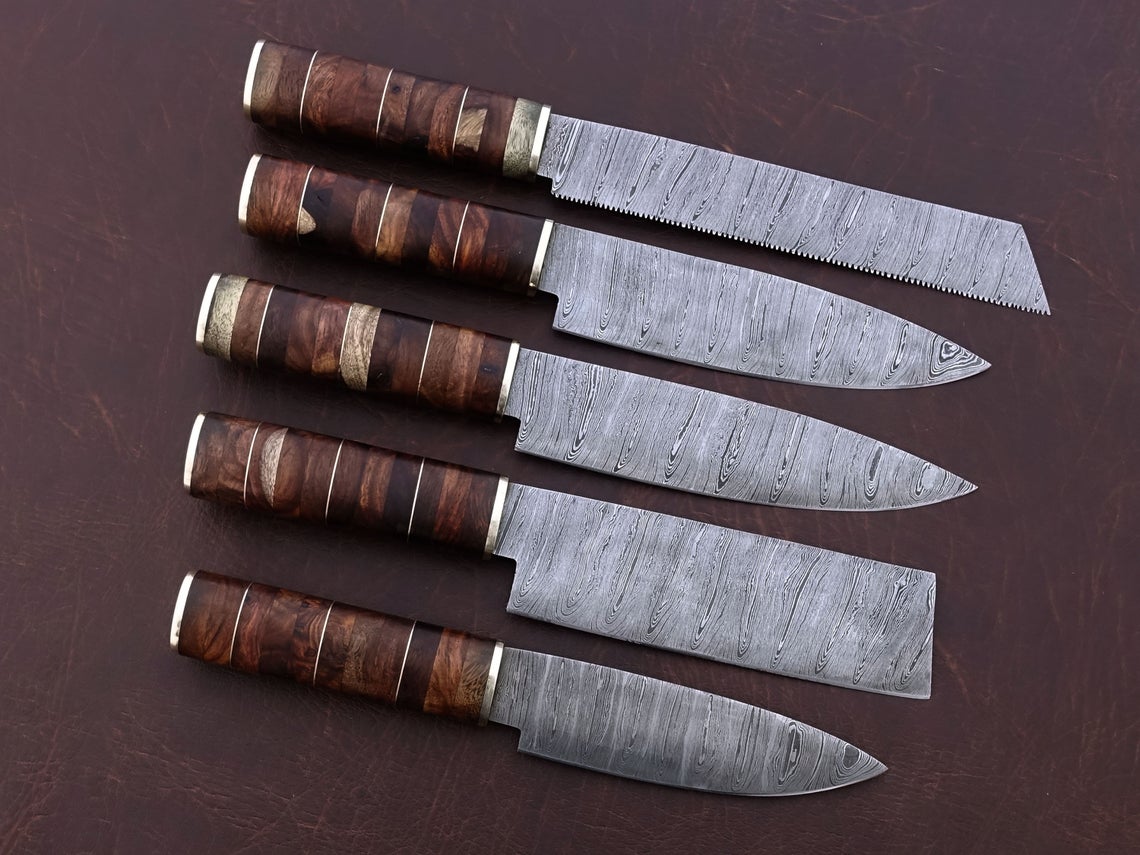 HS-167 Custom Handmade Damascus Five Pecs Kitchen/Chef Knives Set-  Rose Wood Handle - Best Price