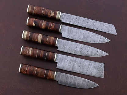 HS-167 Custom Handmade Damascus Five Pecs Kitchen/Chef Knives Set-  Rose Wood Handle - Best Price