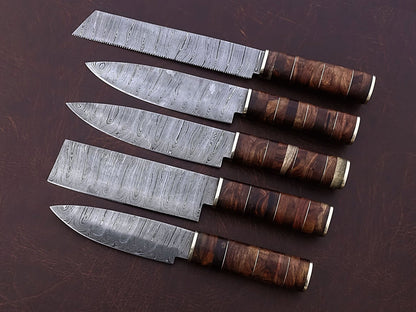 HS-167 Custom Handmade Damascus Five Pecs Kitchen/Chef Knives Set-  Rose Wood Handle - Best Price