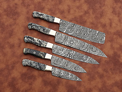 HS-173 Custom Handmade Damascus Five Pecs Kitchen/Chef Knives Set- Resin Handle