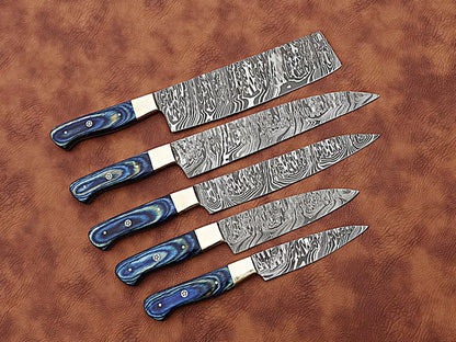 HS-171 Custom Handmade Damascus Five Pecs Kitchen/Chef Knives Set- Hard Wood Handle