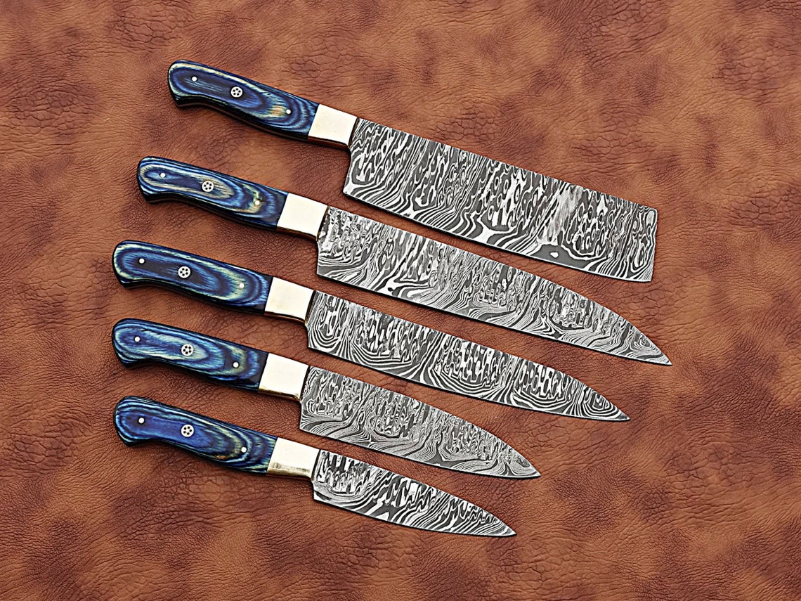 HS-171 Custom Handmade Damascus Five Pecs Kitchen/Chef Knives Set- Hard Wood Handle