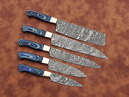 HS-171 Custom Handmade Damascus Five Pecs Kitchen/Chef Knives Set- Hard Wood Handle