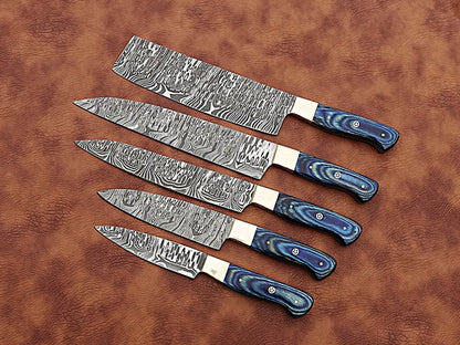 HS-171 Custom Handmade Damascus Five Pecs Kitchen/Chef Knives Set- Hard Wood Handle