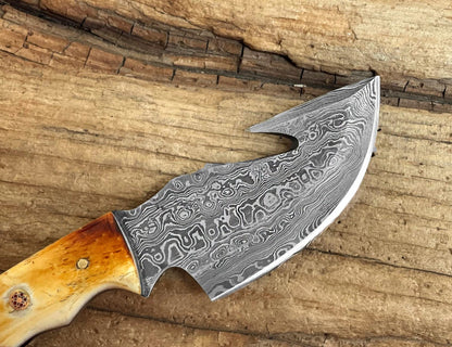 HS-724 Custom Handmade Damascus Steel Skinner Knife - Burnt Camel Bone Handle