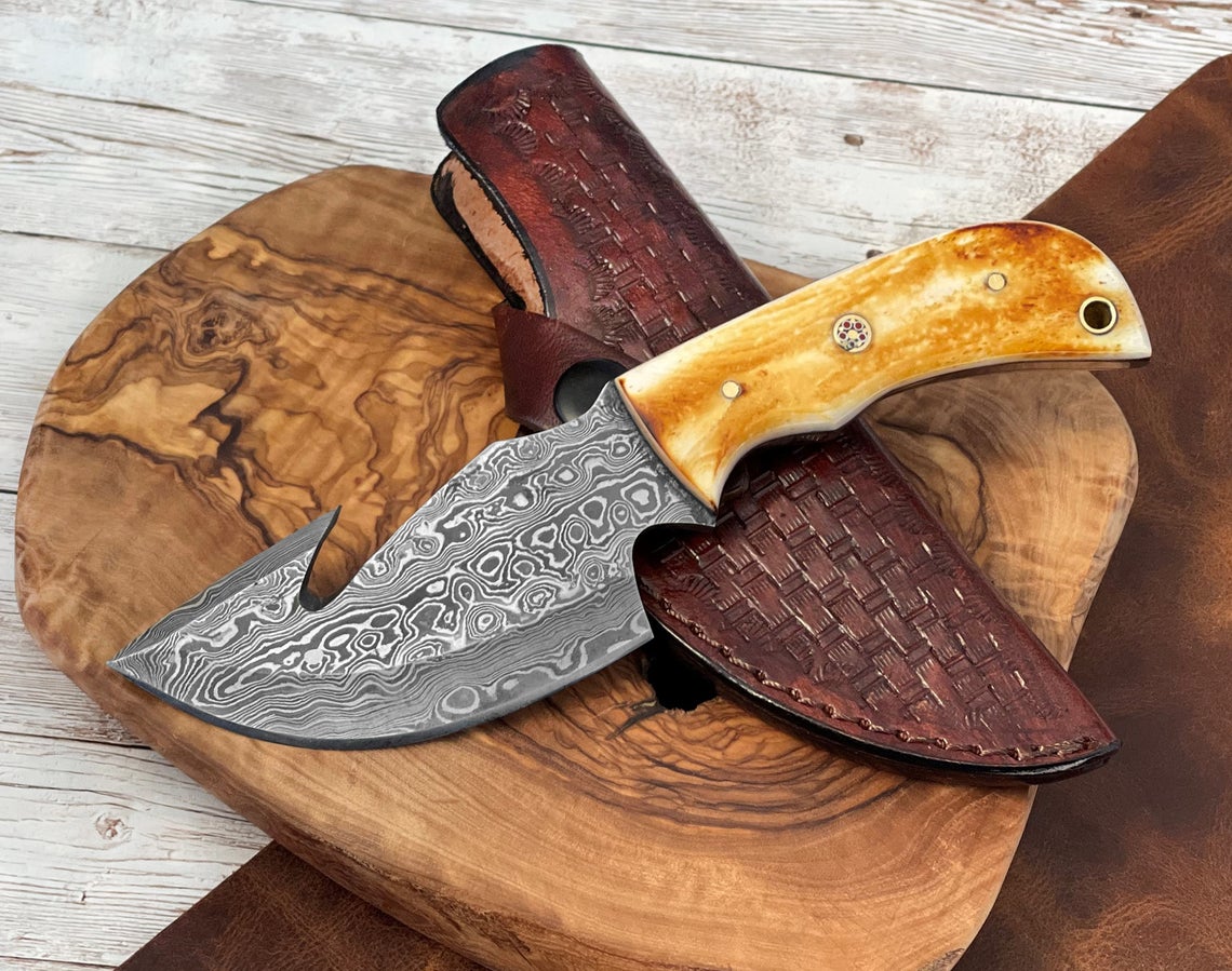 HS-724 Custom Handmade Damascus Steel Skinner Knife - Burnt Camel Bone Handle