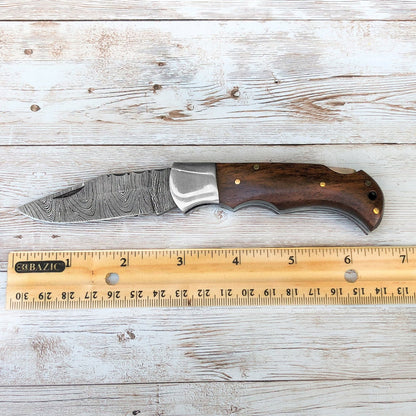 Custom Handmade Damascus Steel Pocket Folding Knife - Beautiful Wood Handle