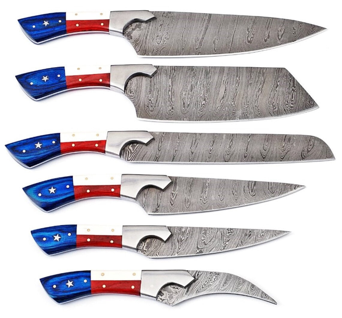 HS-176 Custom Handmade Damascus Six Pecs Kitchen/Chef Knives - Hard Wood Handle