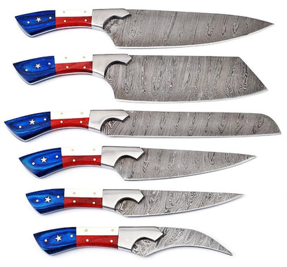 HS-176 Custom Handmade Damascus Six Pecs Kitchen/Chef Knives - Hard Wood Handle