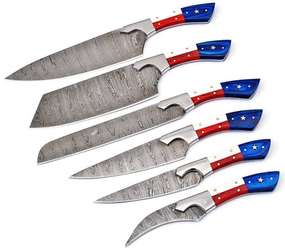 HS-176 Custom Handmade Damascus Six Pecs Kitchen/Chef Knives - Hard Wood Handle