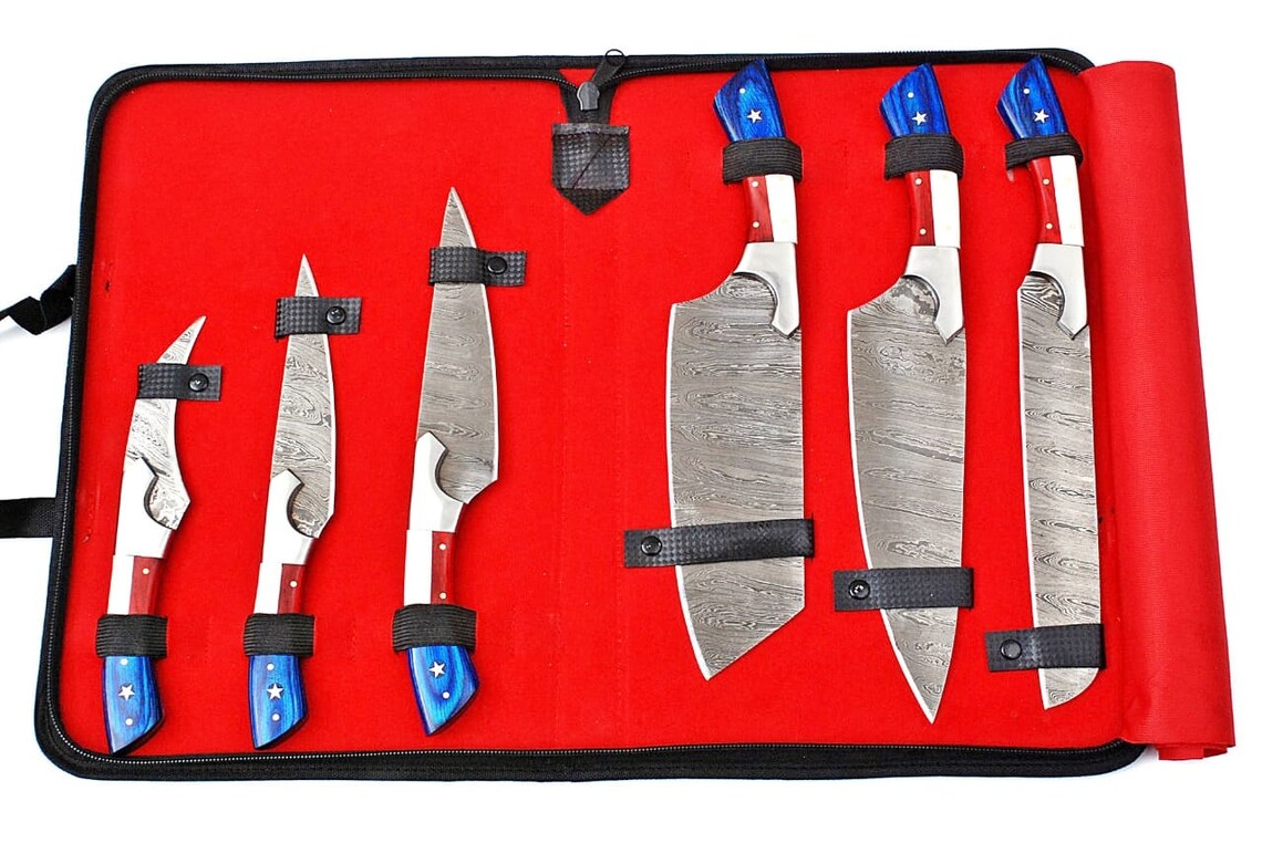HS-176 Custom Handmade Damascus Six Pecs Kitchen/Chef Knives - Hard Wood Handle