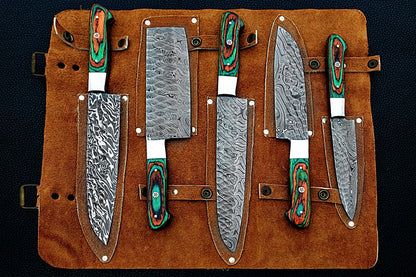 HS-170 Custom Handmade Damascus Five Pecs Kitchen/Chef Knives Set- Hard Wood Handle