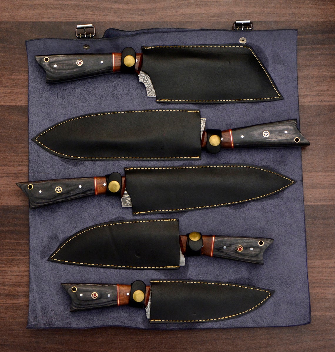 HS-158 Custom Handmade Damascus Kitchen/Chef Knives Set- Hard Wood Handle