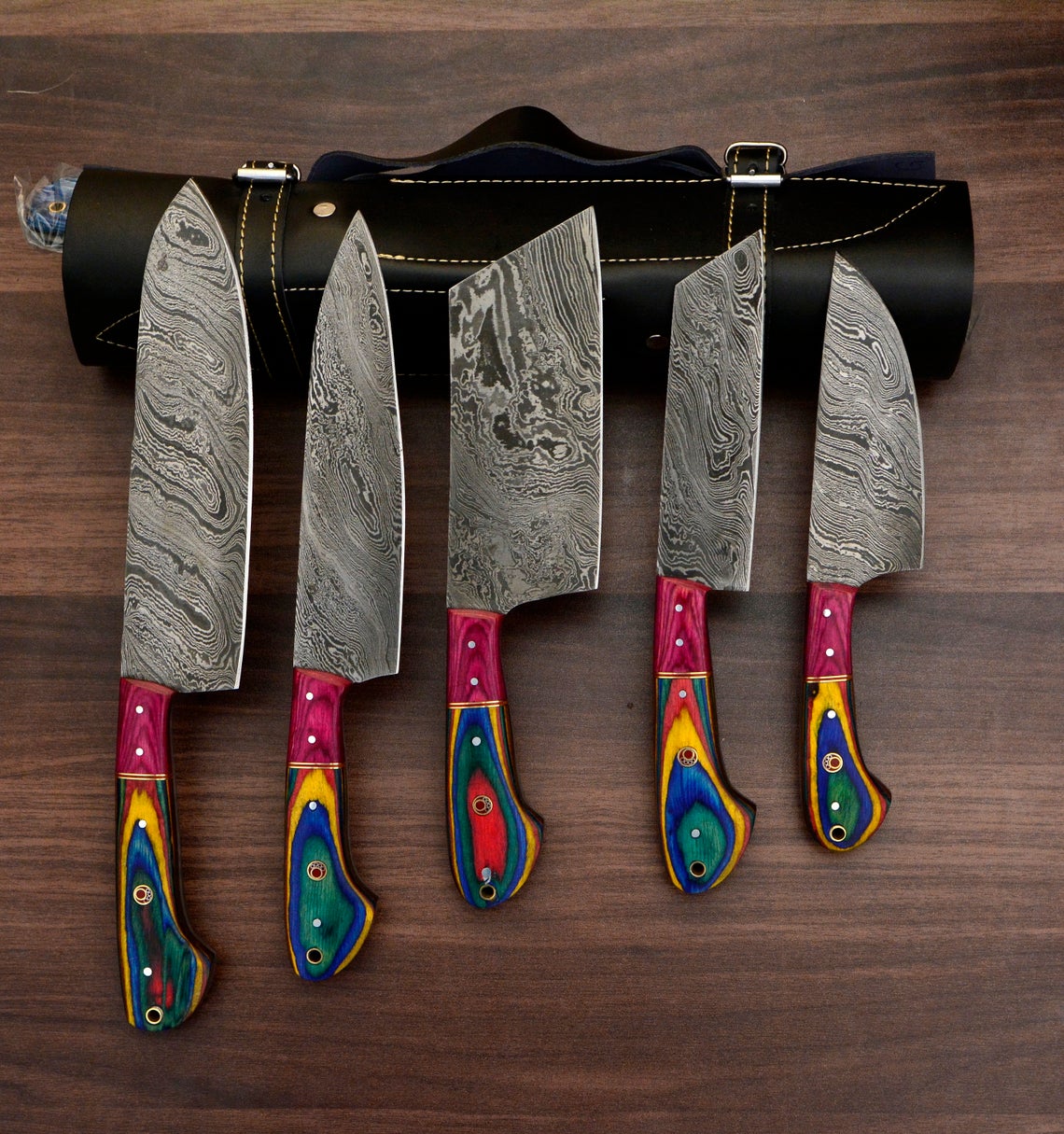 HS-169 Custom Handmade Damascus Five Pecs Kitchen/Chef Knives Set- 2 Hard Wood Handle