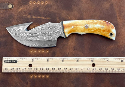 HS-724 Custom Handmade Damascus Steel Skinner Knife - Burnt Camel Bone Handle