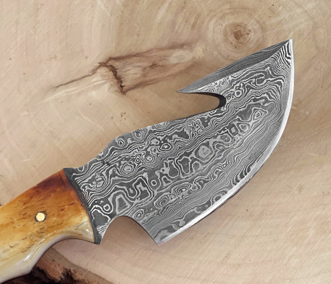 HS-724 Custom Handmade Damascus Steel Skinner Knife - Burnt Camel Bone Handle