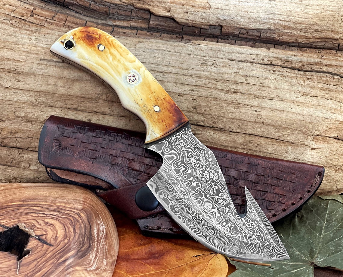 HS-724 Custom Handmade Damascus Steel Skinner Knife - Burnt Camel Bone Handle