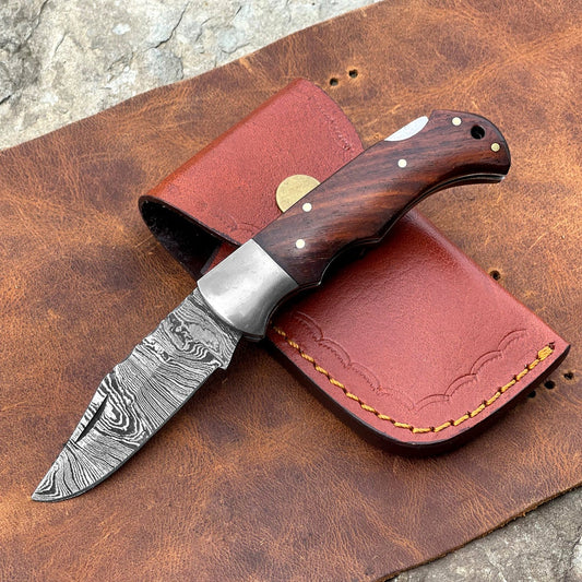Custom Handmade Damascus Steel Pocket Folding Knife - Beautiful Wood Handle