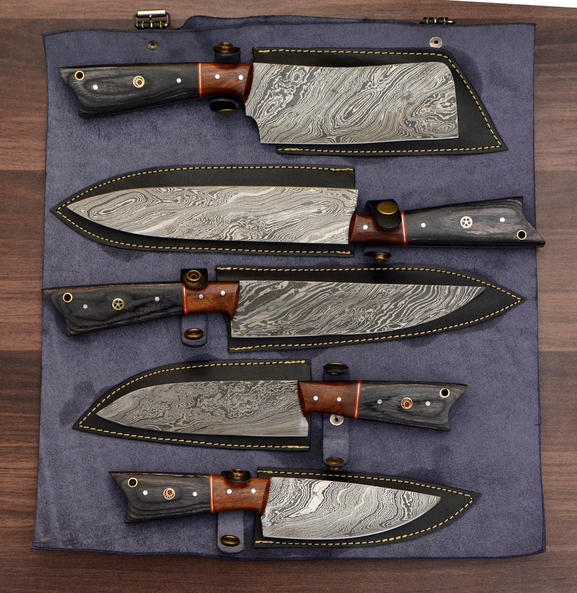 HS-158 Custom Handmade Damascus Kitchen/Chef Knives Set- Hard Wood Handle