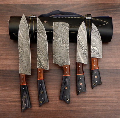 HS-158 Custom Handmade Damascus Kitchen/Chef Knives Set- Hard Wood Handle