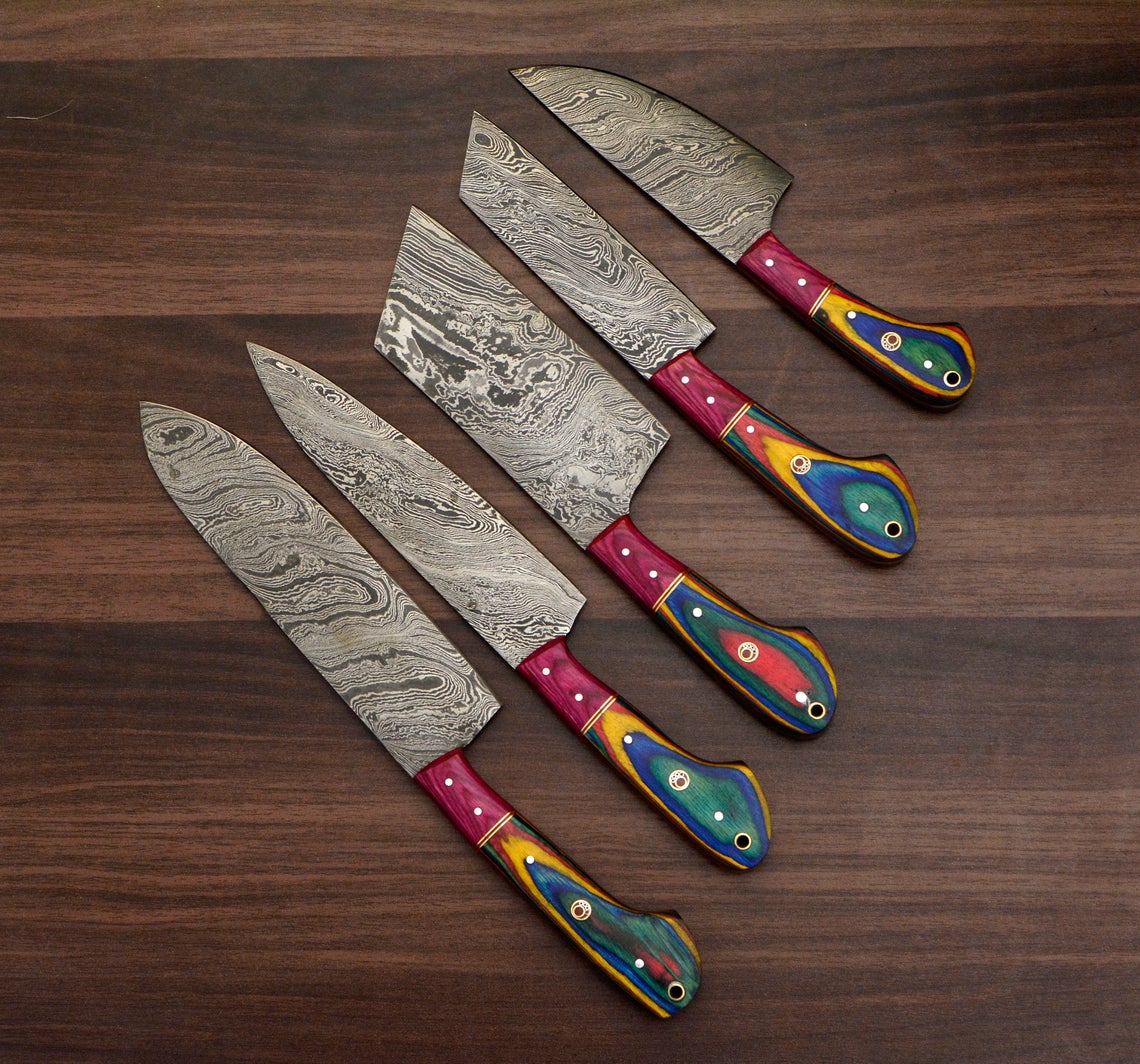 HS-169 Custom Handmade Damascus Five Pecs Kitchen/Chef Knives Set- 2 Hard Wood Handle